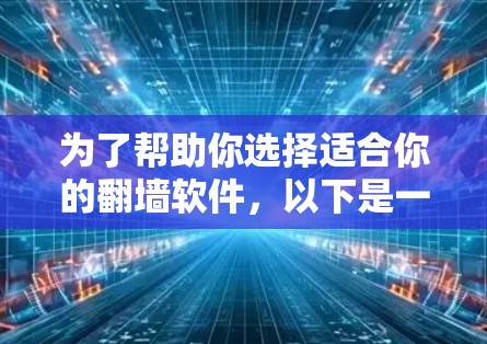为了帮助你选择适合你的翻墙软件，以下是一些关键点和建议，帮助你做出决策
